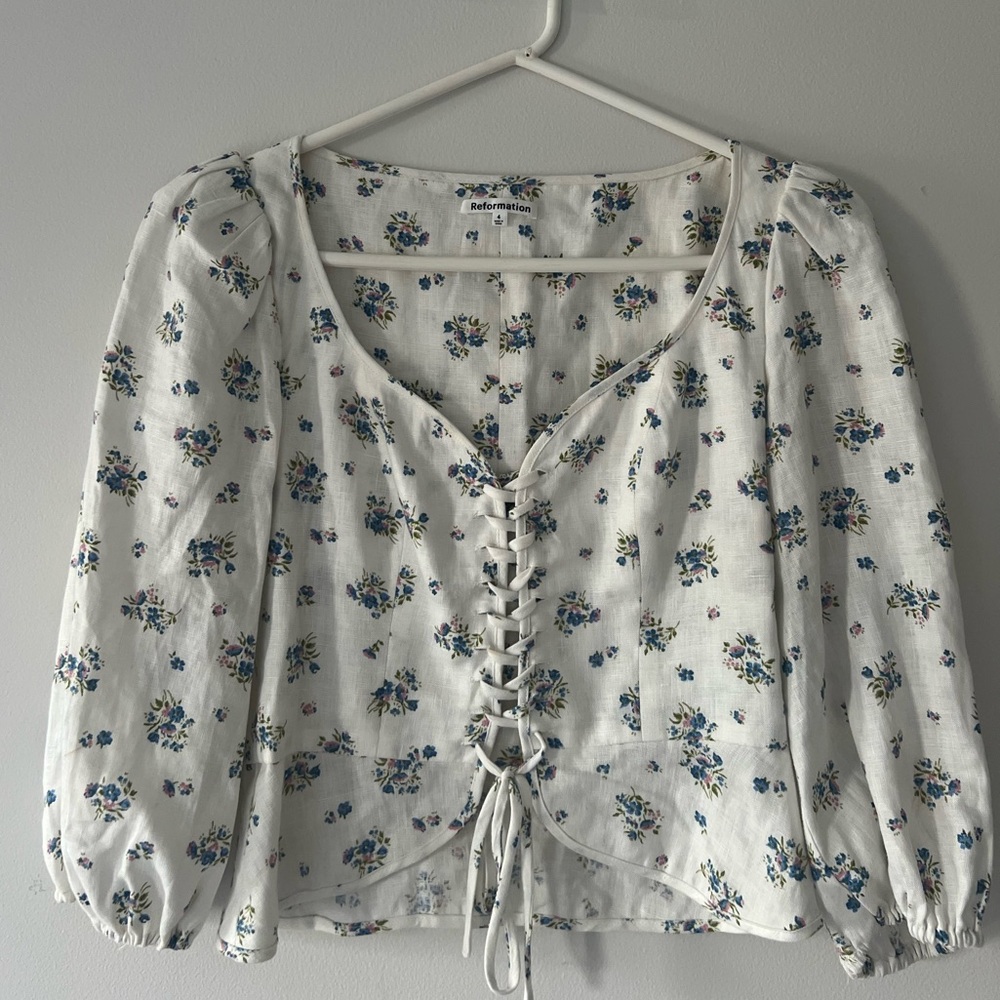 Reformation Floral 100% Linen Top